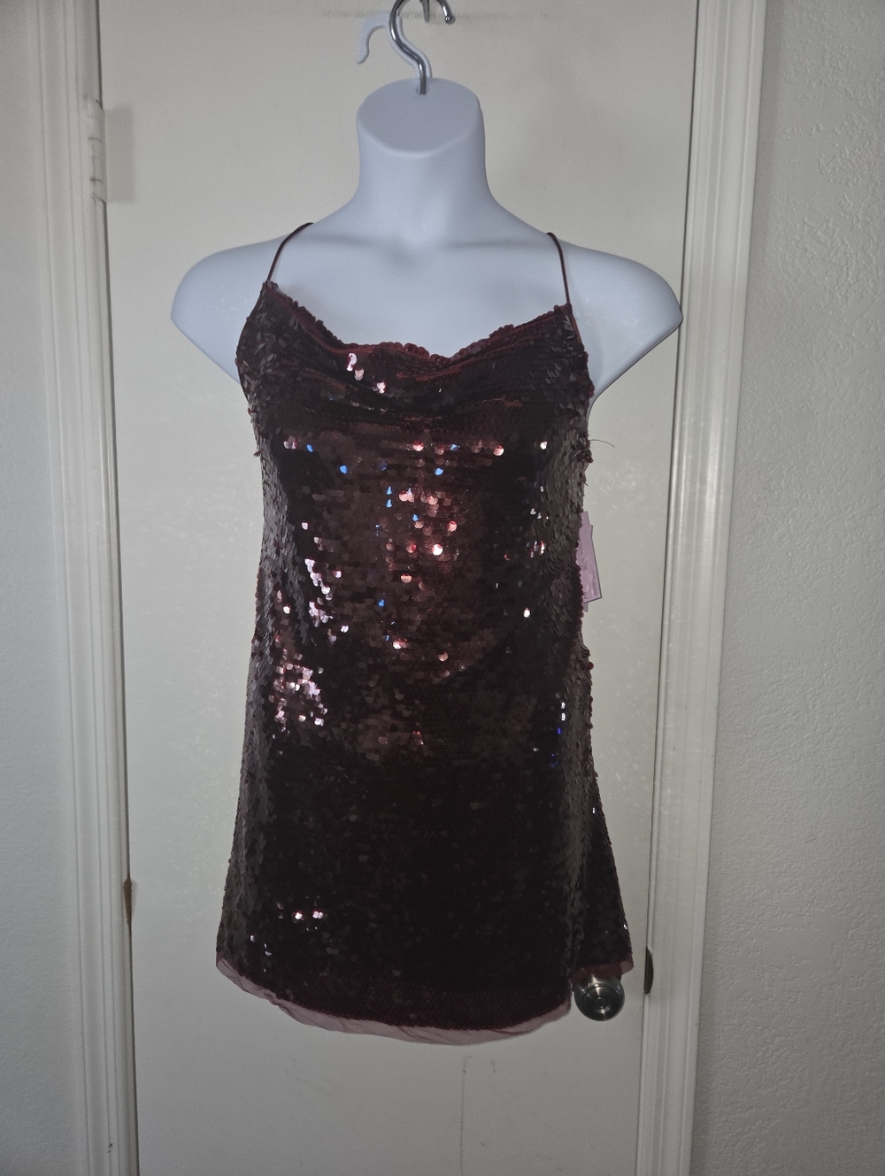 Sequin Cowl Neck Camisole in Deep Wine Mini Dress